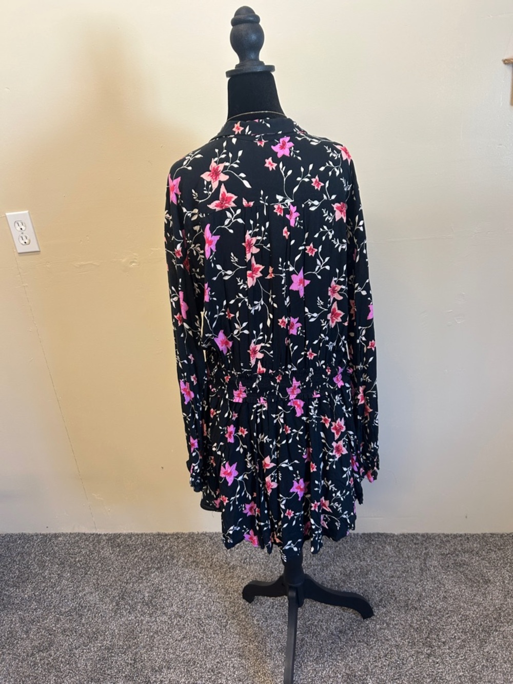Free People Black Floral Button-Front Long Sleeve Dress with Pink Flowers - Picture 3 of 6
